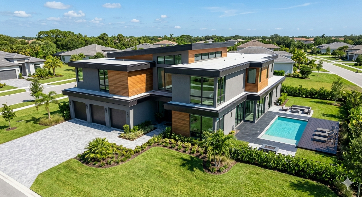 Single-family concrete home in Florida neighborhood